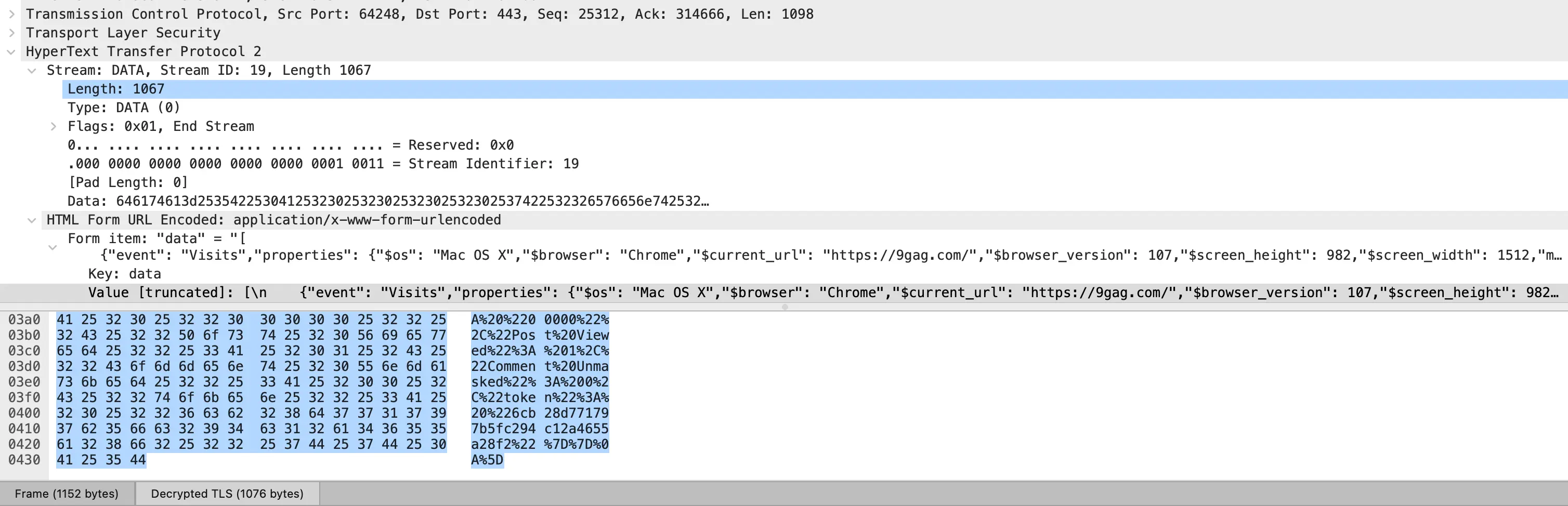 Wireshark decrypted HTTPS data